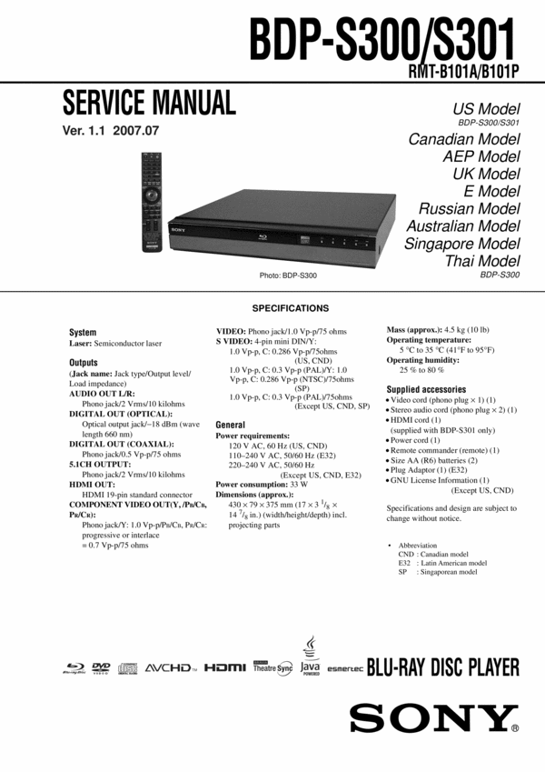 Product picture Sony BDP-S300 Service Manual