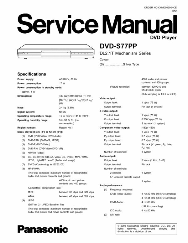 Product picture Panasonic DVD-S77 Service Manual