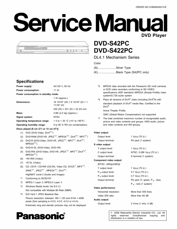 Product picture Panasonic DVD-S42 / DVD-S422 Service Manual