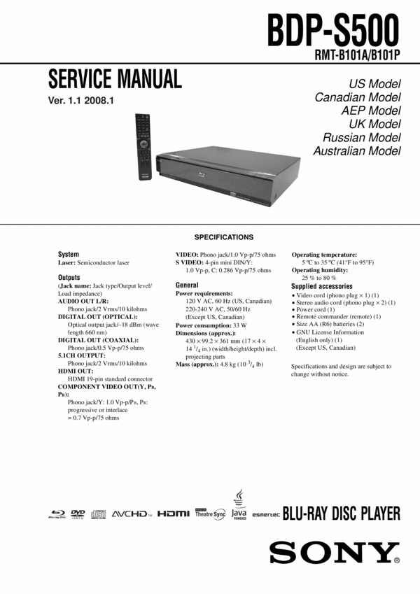 Product picture Sony BDP-S500 Service Manual