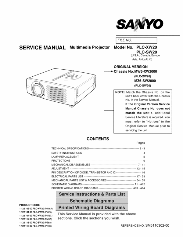 Product picture Sanyo PLC-XW20 / SW20 Service Manual