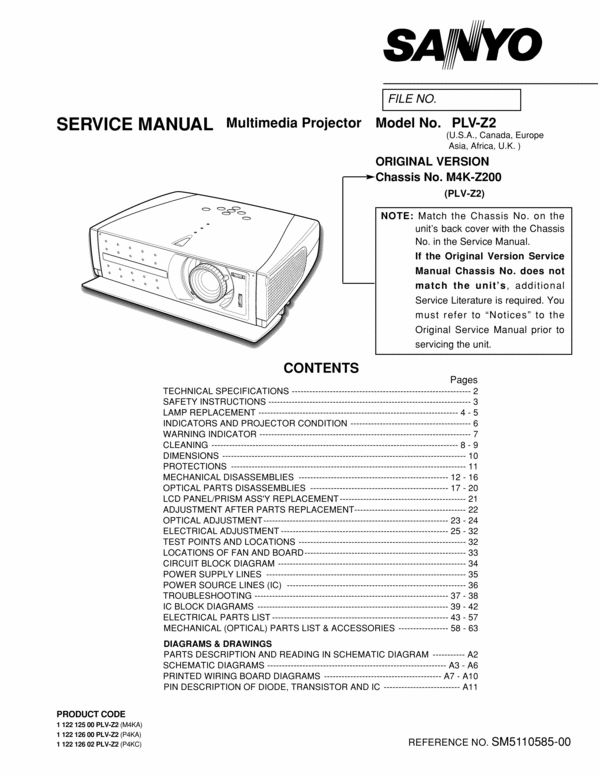 Product picture Sanyo PLV-Z2 Service Manual