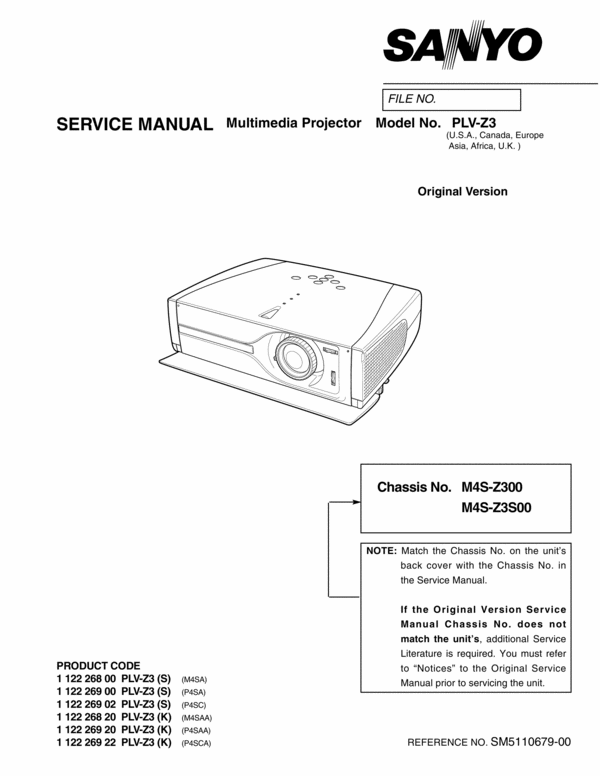 Product picture Sanyo PLV-Z3 Service Manual