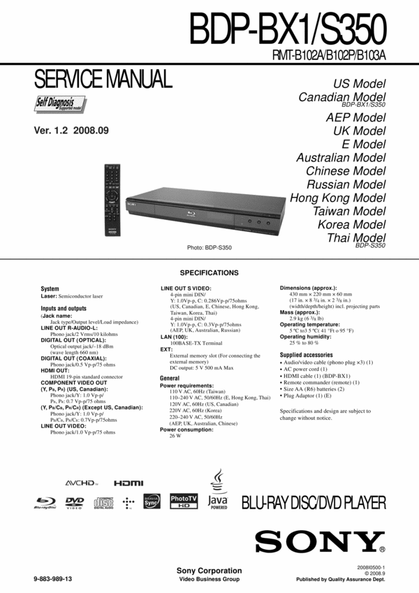 Product picture Sony BDP-S350 Service Manual