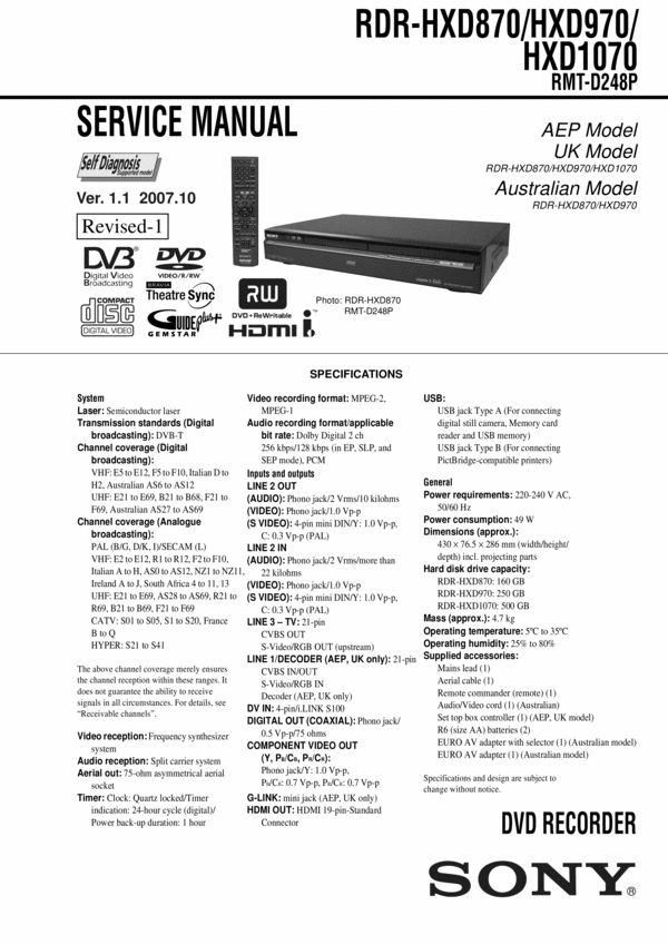 Product picture Sony RDR-HXD870/970/1070 Service Manual